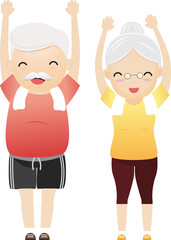 Elderly people exercising. Active healthy workout aged people. Grandparents making morning exercises.