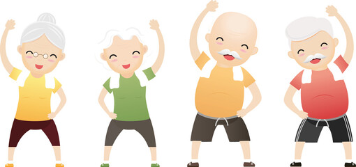 Elderly people exercising. Active healthy workout aged people. Grandparents making morning exercises.