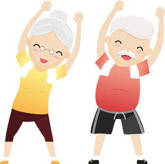 Elderly people exercising. Active healthy workout aged people. Grandparents making morning exercises.