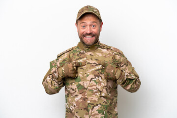 Military man isolated on white background with surprise facial expression