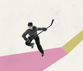 Fototapeta premium Retro style design. Contemporary art collage of hockey player in motion isolated over pastel color abstract background. Concept of sport