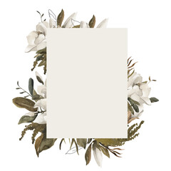 Sheet of paper with flowers. Rectangular frame with watercolour magnolia flowers and leaves. Round floral frame for wedding design invitations, personal branding and tags. Beige background. © Alona Mikheienko