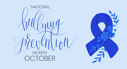 National Bullying Prevention Month October web banner. Blue support and awareness ribbon symbol. Vector illustration