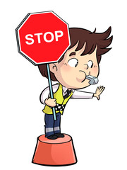 illustration of police kid with stop sign - obrazy, fototapety, plakaty
