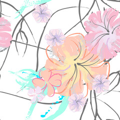 Pink Flowers Blooming Pattern. Pastel Watercolor.