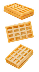 Viennese waffles, three pieces, falling, hanging, flying, soaring, isolated on white background with clipping path.