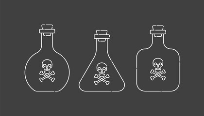 Bottles of poison with skull full face in thin white dotted lines. Dangerous container. Potion beverage medical concept. Chemistry addiction icon. Venom symbol. Isolated flat illustration on black