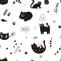 Seamless pattern with funny cats, cute doodle seamless background for kids and baby textile design.