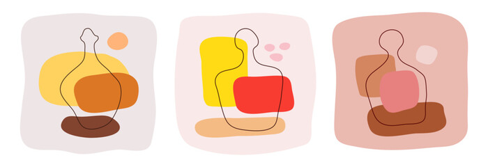 Whiskey, liquor, and rum bottle on abstract background. Hand drawn doodle various shapes, spots. Contemporary modern trendy illustration. Minimalistic сoncept of alcoholic beverages in flat style