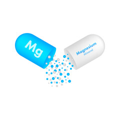 Blue magnesium on white background. Magnesium mineral. Mg pill capsule. Vector stock illustration