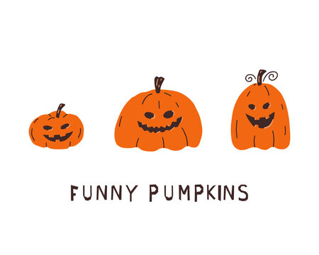 Funny pumpkin character set. Happy Halloween holiday design elements. Cute different orange pumpkins with smiling faces. Color childish flat vector illustration