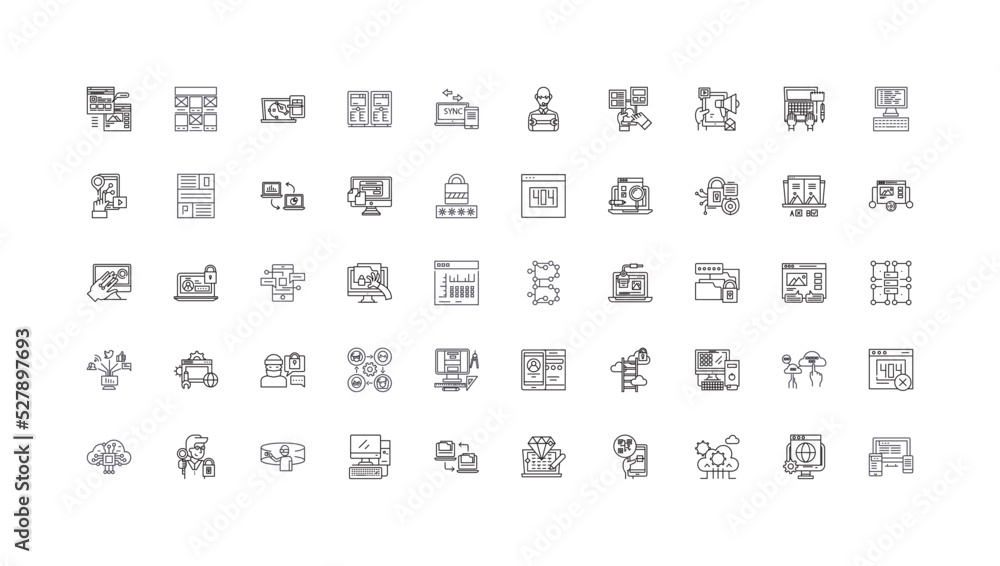 Poster programming, coding ideas, linear icons, line signs set, vector collection