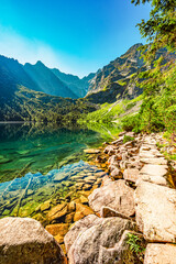 Tatra National Park in Poland. Famous mountains lake Morskie oko or sea eye lake In High Tatras. Five lakes valley