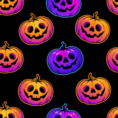 seamless pattern of cartoon smiling halloween pumpkins