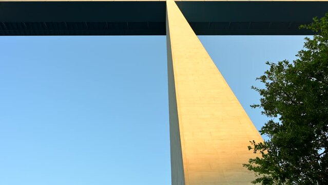 Panning down a pillar of the 136m tall Moseltal bridge during sunrise