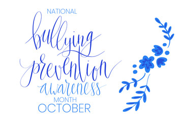 Fototapeta na wymiar National Bullying Prevention Month October web banner. Blue support and awareness ribbon symbol. Vector illustration