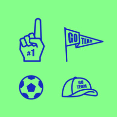 Set of vector icons for sports and football championship. Illustration of soccer logos world tournament. Football, cap, flag, foam glove, trophy cup.