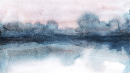 Pink and indigo abstract watercolor winter landscape. Nature art background with misty foggy lake forest in modern style.