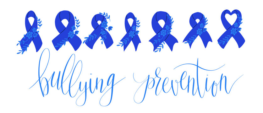 National Bullying Prevention Month October web banner. Blue support and awareness ribbon symbol. Vector illustration