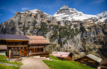 The small mountain hostel in the Gimmelwald village in region of Bernese Oberland of the canton Bern
