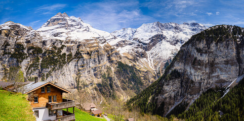 Mountain landscape of Jungfrau region in the canton of Bern, Switzerland - obrazy, fototapety, plakaty