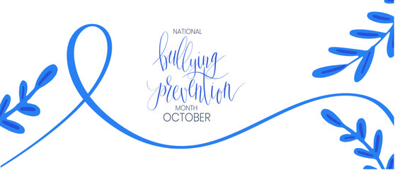 National Bullying Prevention Month October web banner. Blue support and awareness ribbon symbol. Vector illustration