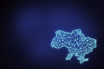Neon polygonal illustration of the territory of Ukraine on a dark background with copy space. 2d image of contours of Ukraine with space for text on a black and blue background