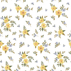 Seamless floral pattern, cute ditsy print with vintage motifs. Pretty botanical surface design with small flowers, leaves in an abstract composition on a white background. Vector illustration.