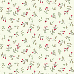 Seamless botanical pattern with small flowers, leaves, twigs in an abstract composition on a white background. Trendy floral pattern with tiny hand drawn wild plants. Vector illustration.