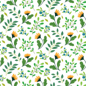 Seamless floral pattern with folk motifs. Decorative botanical print with wild plants, sunflower flowers, leaves and herbs in an abstract composition on a white background. Vector illustration.