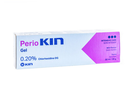 Huelva, Spain - September 2, 2022: Perio Kin chlorhexidine 0.20% gel for periodontal and peri-implant treatment. It is bioadhesive for topical application that is fixed in the area to be treated