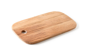 Empty wooden cutting board for served on white background. Space for design. Close up.