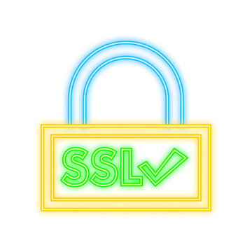 Secure internet connection SSL neon icon. SSL safe guard. Vector stock illustration