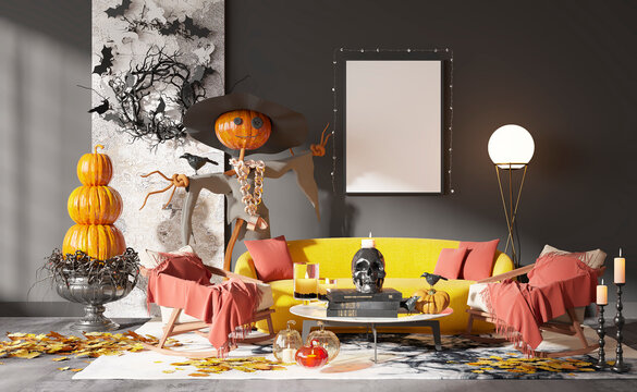 Halloween or autumn mockup design. Pumpkins, garland and other decorations on the background of haze and autumn leaves. 3d rendering	
