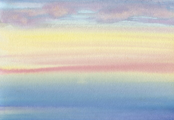 Orange blue watercolor background. Abstract sunset painted with a brush.Bright sky and water watercolour.Horizontal gradient from blue to orange watercolor background, wash technique.