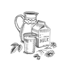 Milk jug, carton packing and milk glass.