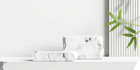 Marble product display podium with bamboo nature leaves on white background. 3D rendering
