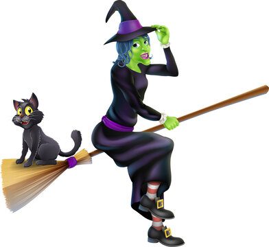 Halloween Witch on Broomstick with Cat