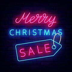 Merry Christmas sale neon signboard. Special offer promotion. Season greetings. Vector stock illustration