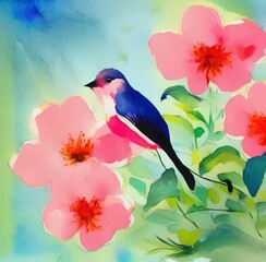 Watercolor artistic painting of bird and spring flower. Hand drawing big size print for decoration, design, poster, creative artwork