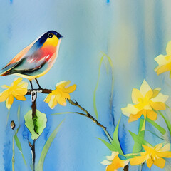 Watercolor artistic painting of bird and spring flower. Hand drawing big size print for decoration, design, poster, creative artwork