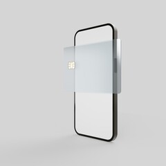 Smartphone with bank card made of frosted glass. 3d rendering.