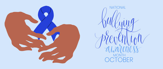National Bullying Prevention Month October web banner. Blue support and awareness ribbon symbol. Vector illustration