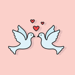 Couple of doves icon with heart. Simple editable design of line tender colorful icon for wedding. Pigeons