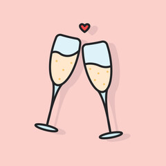 Two glasses with champagne in pink tender color. Celebration toast. Vector icon