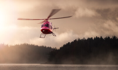 Fototapeta na wymiar Helicopter Flying over the West Coast Pacific Ocean. Extreme Adventure Composite. 3D Rendering Heli. Background Image from Tofino, Vancouver Island, British Columbia, Canada. Dramatic Sunset