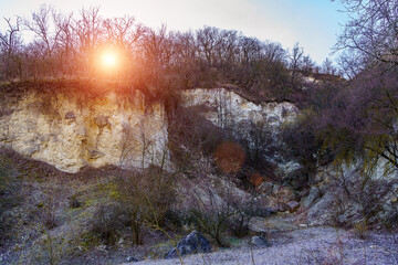 The beauty of winter nature with stones and frost. Background with copy space