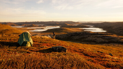 Long distance hiking on the Arctic Circle Trail between Sisimiut and Kangerlussuaq in Greenland.