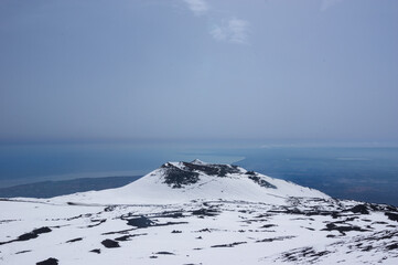 Amazing view from above the mount Etna Volcano craters in the Catania city, Sicily island Sicilia, Italia Europe