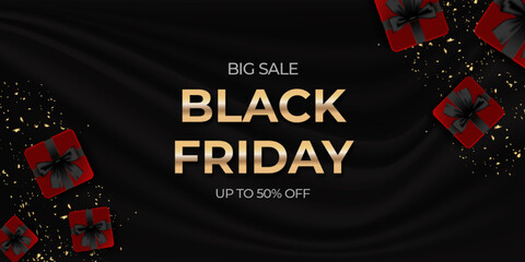 Black friday big sale banner with realistic red gifts boxes